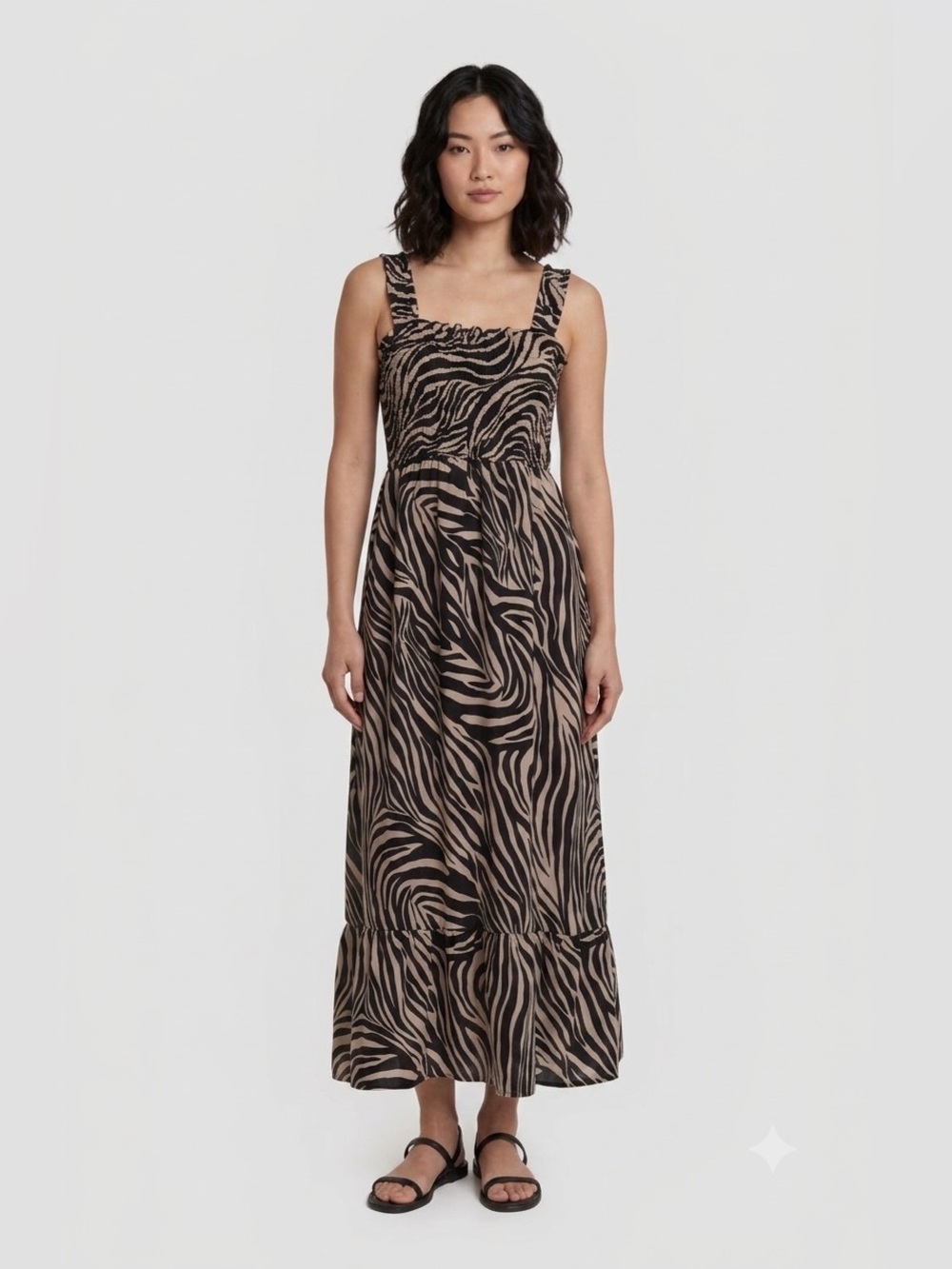 🆕 Beechers Brook | Zebra-Print Smocked Square Colar Maxi Dress - Black & Tan